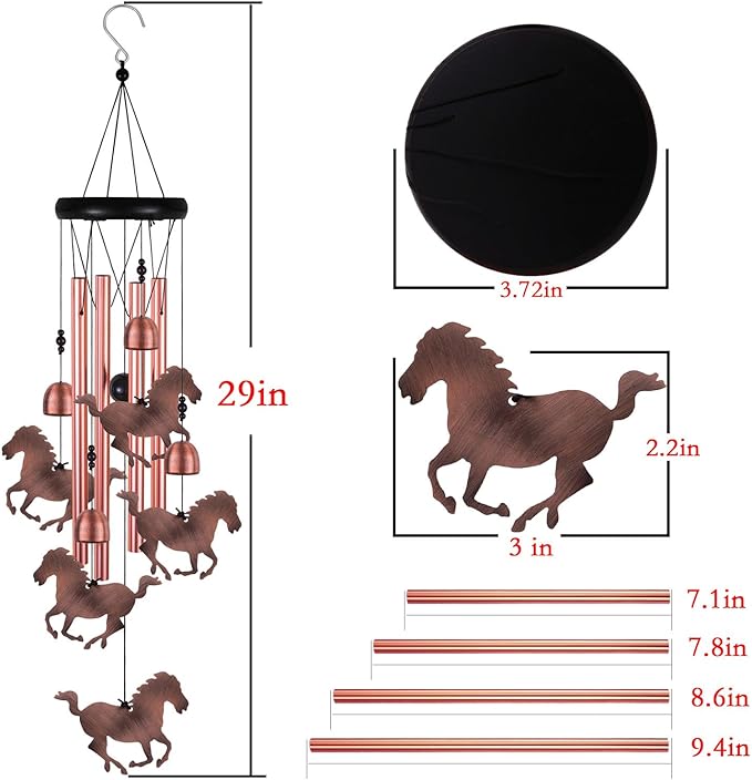 Red Copper Horse Wind Chimes - 4 Tube, 5 Horse Wind Catcher for Home, Garden, Patio, Balconies, Indoor Decoration