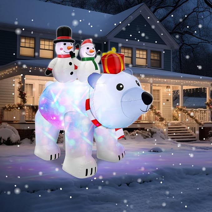 6 Ft Tall 5.7 Ft Long Christmas Inflatable Snowman Couples on Polar Bear with Rotating RGB Color Lights Christmas Outdoor Decorations Blow Up Snowman Inflatables Xmas Decor Yard Holiday Garden