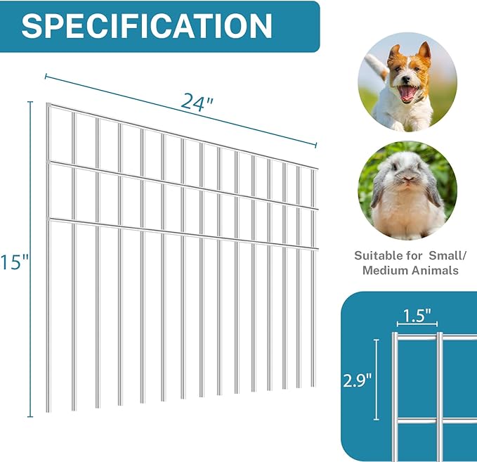 15 Pack 24in(L) X 15in(H) Small/Medium Animal Barrier Fence, 5.5mm Heavy Duty Rod with 1.5" Rod Gap, Dog Rabbits Fences Metal Fence Panel Ground Stakes for Outdoor Patio. Total 30Ft(L)