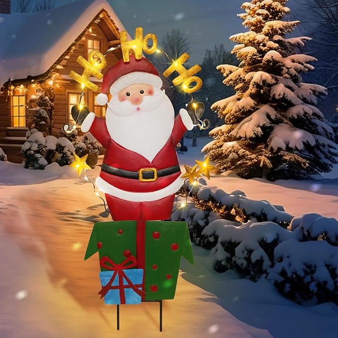 Christmas Outdoor Yard Signs Decorations, LED Solar Metal Garden Stake Lights with Joy for Patio Lawn Christmas Decor (Santa Claus)