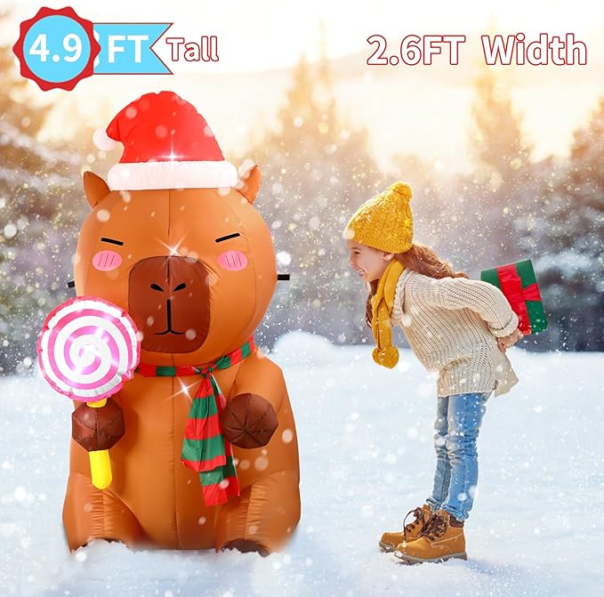 anroog Christmas Inflatable Outdoor Decorations Capybara Inflatables 4.92ft Christmas Blow Up Capybara Hold Lollipop Candy Yard Decor with Led Lights Xmas Holiday Garden Lawn Outside Decor