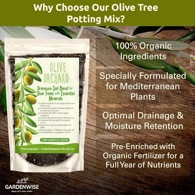 Organic Olive Tree Potting Mix – Fast-Draining, Nutrient-Rich Soil for Indoor & Outdoor Olive Trees – Mediterranean Plant Care – Long-Lasting Formula (1 Quart)