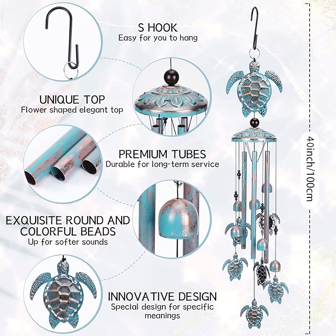 Sea Turtle Wind Chime for Outside, Turtle Gifts for Women Men Mom Grandma, Unique Sea Animal Metal Decorative Windchimes with S Hook Decor for Birthday Home Lawn Patio Porch Backyard Yard Decoration
