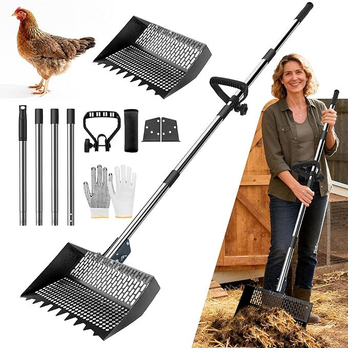 Chicken Poop Scooper for Chicken Coop 304 Stainless Steel Adjustable Angle Durable Sand Sifting Litter Shovel for Farm Animals Cleaning Tools (Black)