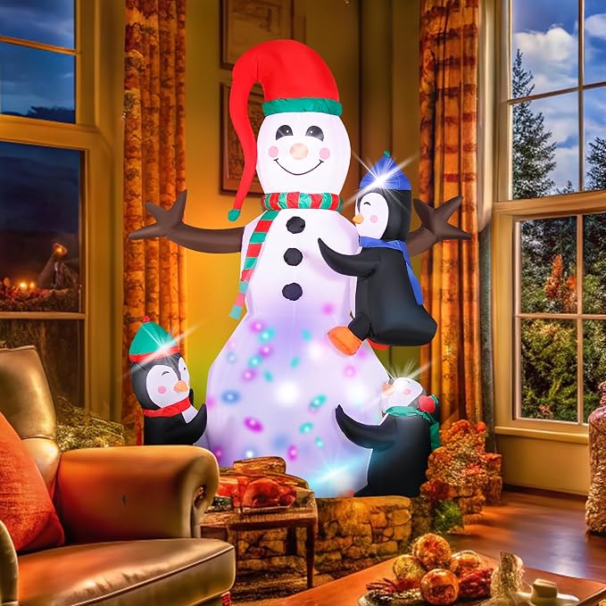7FT Christmas Inflatable Snowman with 3 Penguins & Multi-Color LED Lights, Blow Up Outdoor Yard Decoration, Animated Winter Holiday Decor for Garden, Lawn, Xmas Party