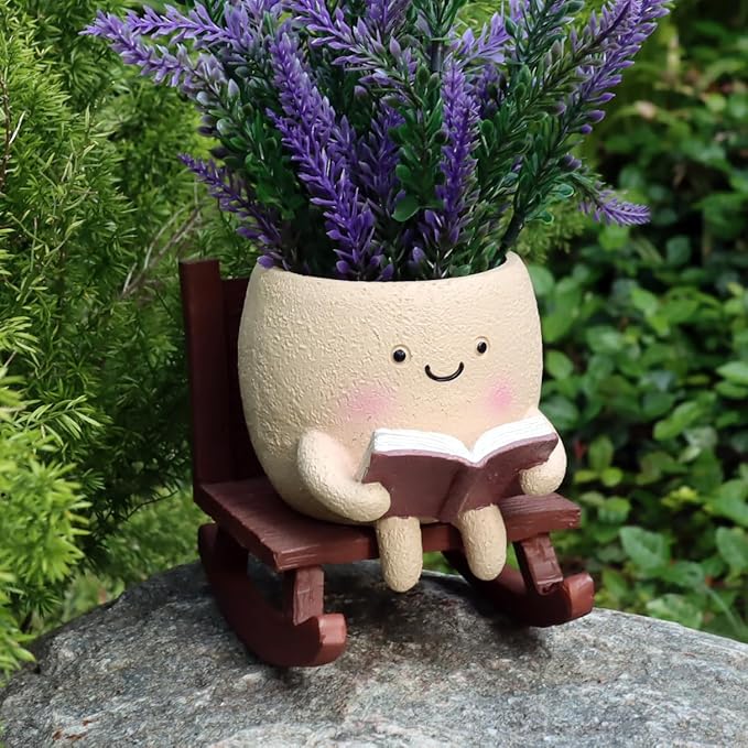 Cute Face Planters Succulent Pots, Funny Rocking Chair Reading Head Flower Planter Cactus Pot with Drainage Hole for Indoor Outdoor Plants, Unique Plant Lover Gifts