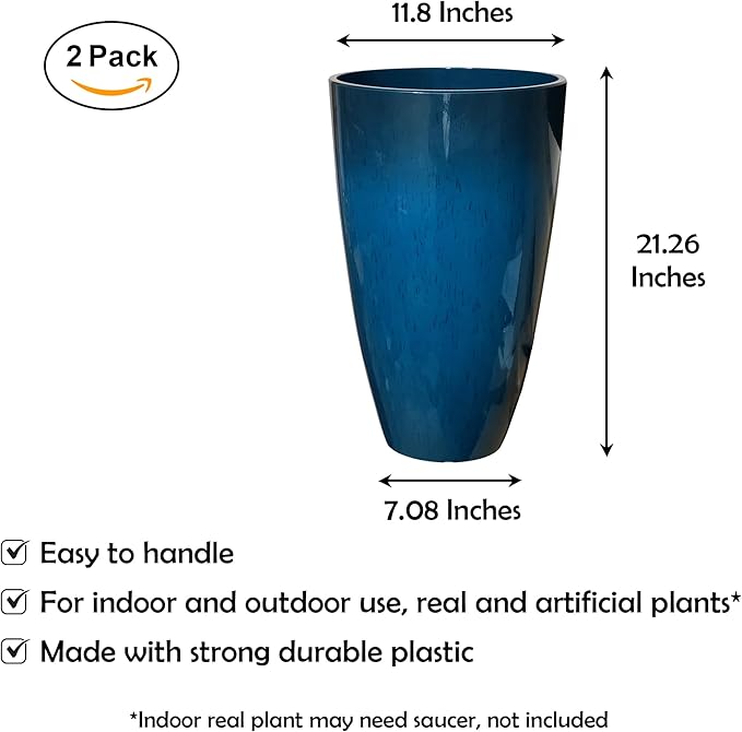 RUBBER BOND Plant Pots 2 Pack - Modern Indoor/Outdoor Planters for Home Decor - Weather-Resistant Large Flower Pots - Lightweight 22 Inches Tall Planters - Blue Glossy Round Pots for Plants