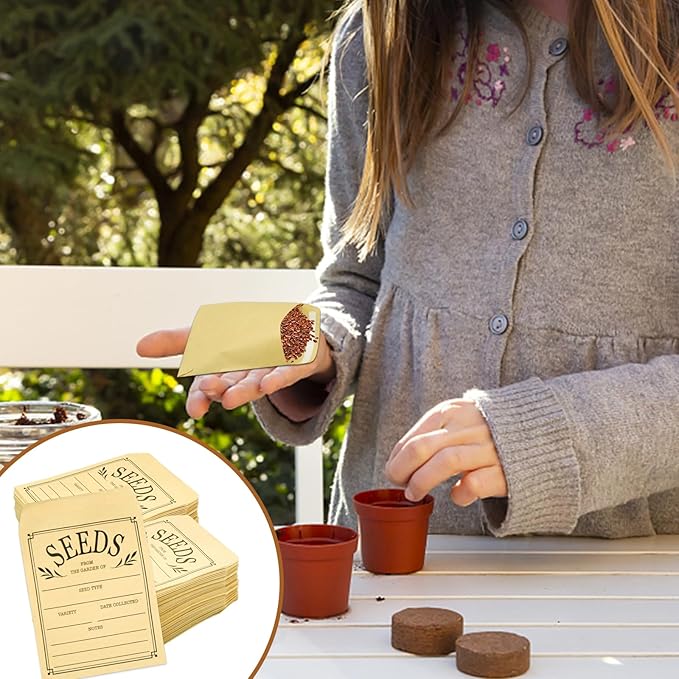 200Pcs Seed Envelopes, Seed Envelope Resealable Small Packets Brown Paper Seeds Envelopes with Printing, 3.1x4.7 Inch for Collection Flowers Seeds