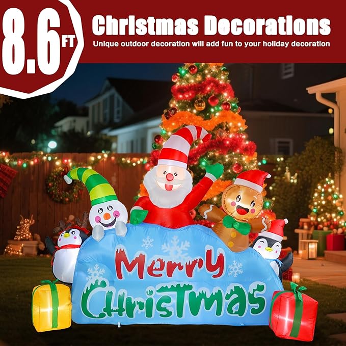 VCUTEKA Christmas Inflatables Outdoor Decorations, 8.6FT Blow Up Santa Claus, Penguins, Snowman, Gingerbread Man, Animated Christmas Inflatable Yard Decoration with LED Lights for Holiday Lawn Garden