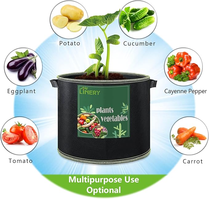 LINERY 10-Pack 15 Gallon Grow Bag Planting Black Heavy Duty Thickened Grow Bag with Handles Non-Woven Fabric Plant Pots (10-Pack 15 Gallon)