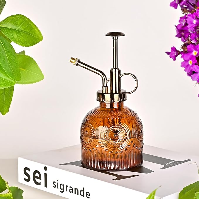 Glass Plant Mister Spray Bottle, Vintage Plant Spritzer, Succulent Watering Bottle Glass with Top Pump, Small Plants Sprayer Watering Can for Indoor Outdoor House - Brown