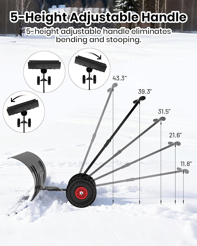 Snow Pusher with Wheels for Driveway, 29.5" Wide Heavy Duty Steel Blade, 5-Position Angle Adjustment & 60° Tilt Handle, Ergonomic Push Snow Shovel with Ground Protection for Effortless Snow Removal