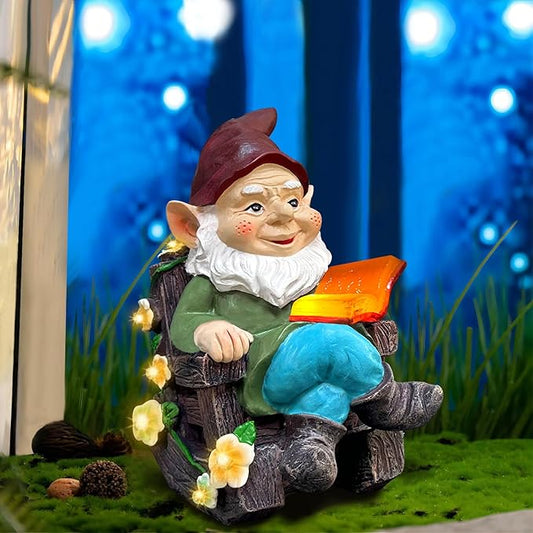Solar Garden Gnome Statues Outdoor, Fairy Christmas Rocking Chair Gnomes Reading Book Succulents Figurines Lights Yard Art Sculpture Home Decor for Outside Patio Balcony Lawn, Unique Loved One Gifts