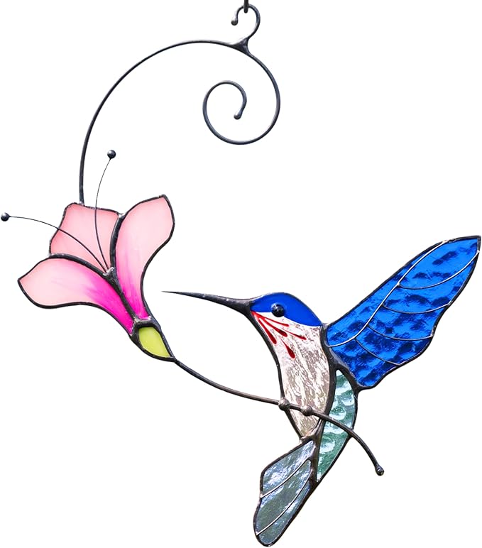 Multicolor Hummingbird Handmade Stained Glass Suncatcher Genuine Stained Glass Window Hangings Unique Indoor Ornament & Outdoor Decor (Blue Hummingbird)