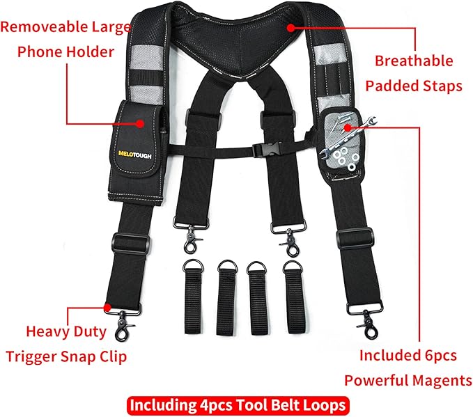 MELOTOUGH Magnetic Tool Belt Suspenders with Magnetic WristBand for Work Belt Padded Suspenders Constrcution