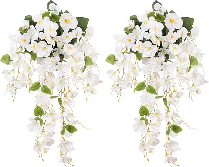 Artificial Hibiscus Fake Hanging Flowers Plants for Outdoor Spring Summer Decoration, 2pcs White Silk Hibiscus Long Trailing Vines UV Resistant Realistic Faux Flower for Outside Front Door Porch Patio