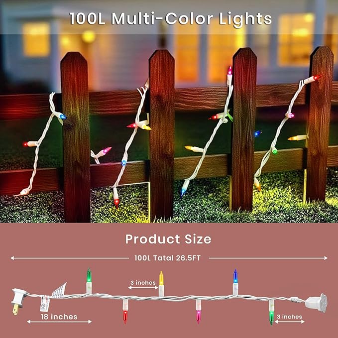 Multicolor Christmas Lights- 100 Count Mini Incandescent Indoor Lights with White Wire, UL Listed Connectable, Bright & Colorful String Lights for Kids’ Room, Party & Festival Décor