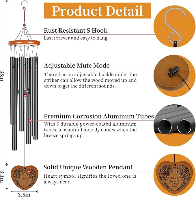 Wind Chimes Outdoor Outside,35" Memorial Wind Chimes,Bereavement Funeral Sympathy Gifts for Loss of Loved One, Mother,Father