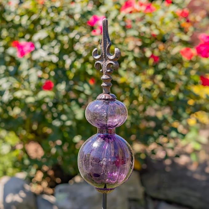 Zaer Ltd. Colored Blown Glass Garden Stake with Cast Iron Finial on Top (Pack of 2) (Royal Purple)