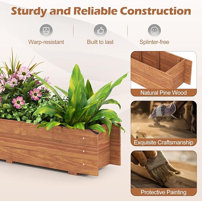 S AFSTAR 2 Pieces Raised Garden Bed, 44" x 11" x 10" Wood Rectangle Planter Box with Drainage Holes, Water-Resistant Paint, Decorative Window Box, Outdoor Garden Bed for Fruit Vegetable Flower Herb