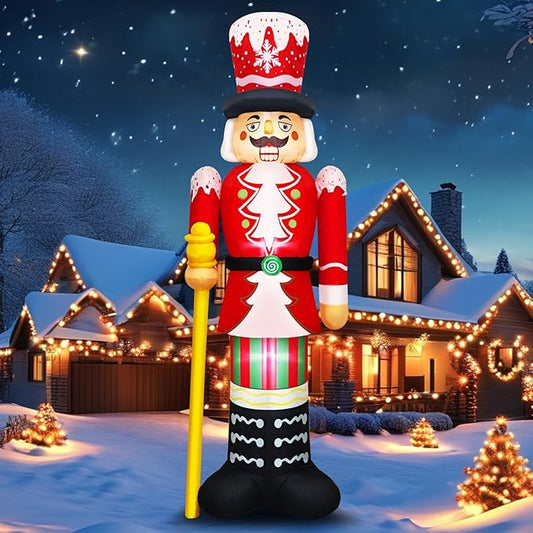 Christmas Inflatables Nutcracker Decoration Blow Up 8FT Santa Figurine Red & White Soldier with Candy Cane Stripes, Staff & Crown Hat Festive Holiday Decor for Lawn, Garden Xmas Display