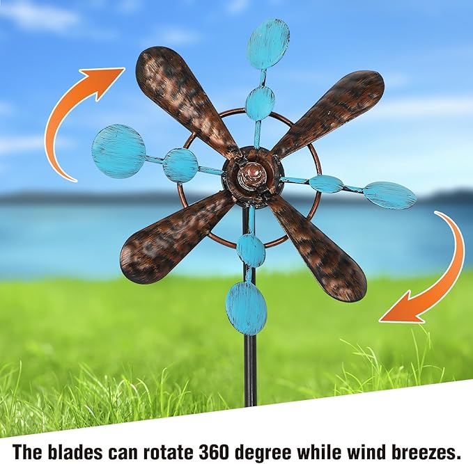 3 Pack Wind Spinners with Metal Stake, 16.3 Inches Yard Garden Sculptures for Outdoor Spring Decoration Lawn Patio Wind Catcher Windmill (Blue spot)