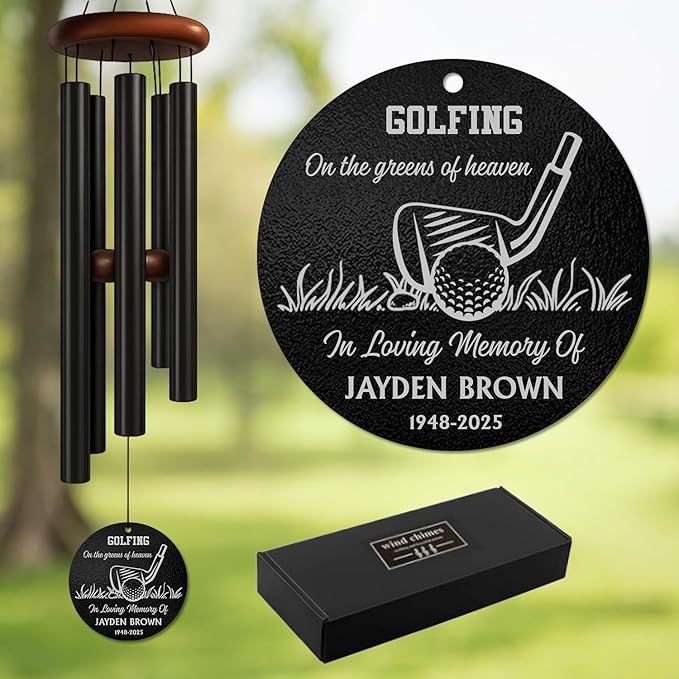 Personalized Golf Memorial Wind Chime – “Golfing on The Greens of Heaven” Custom Name & Years – Sympathy Gift for Golf Lovers – Memorial Windchimes for Loss of Loved One – Garden Remembrance Décor
