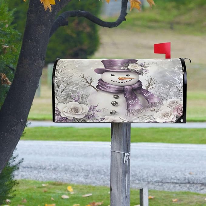 SUABO Mailbox Cover Snowman Purple Hat Rose Oversize Magnetic Mailbox Covers Wraps for Christmas Home Yard Garden Decor