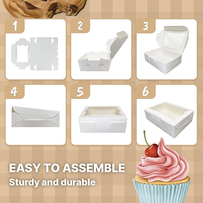 Bubbley White Paper Bakery Boxes - 25-Pack Pastry Boxes with Window for Cookies, Chocolate Covered Strawberries, Macarons, and Muffins, Dessert Disposable Packaging, 8 x 6 x 2.5 Inches