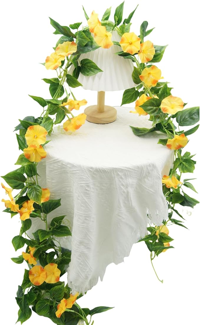 FERIAL Artificial Vines 15Feet Silk Flower Garland for Outdoors Yellow Morning Glory Vine Artificial Flowers Hanging Plants Garland Fake Green Plant 2Pcs for Wall Fence Indoor Wedding Banquet Decor