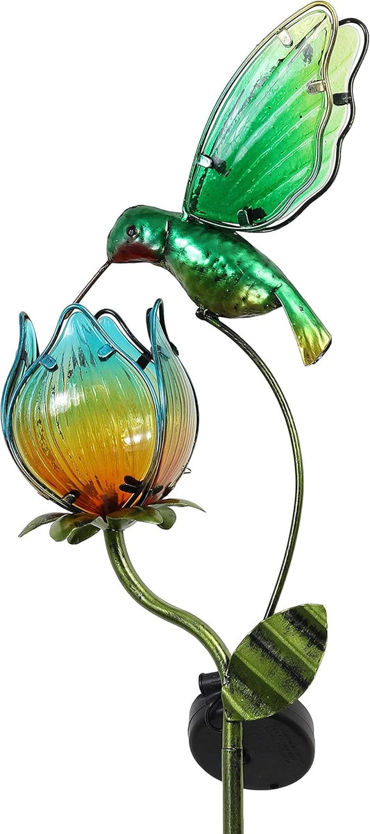 TERESA'S COLLECTIONS Glass Flower Bird Pathway Solar Outdoor Light for Garden Decor, 39'' Tulip and Hummingbird Metal Decorative Stakes Yard Art for Lawn Patio Porch Decorations, Gifts for Mom