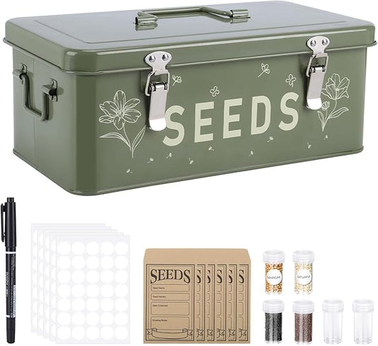 Seed Storage Organizer, Seed Saving Box with Lid, Metal Seed Bin Seed Packet Container with 50 Seed Envelopes 60 Transparent Bottles 1 Funnel 1 Marker Pen 4 Compartments Box with Locks, Green