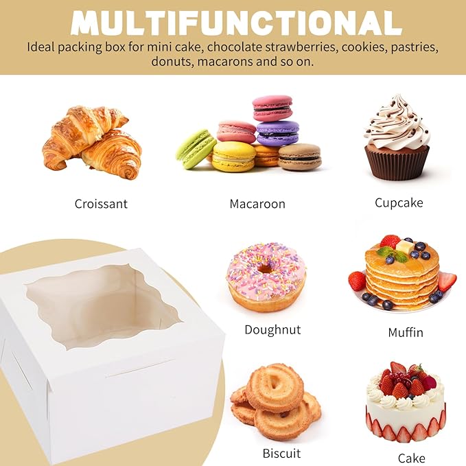 50pcs Cookie Boxes with Window, 6x6x3 Inches White Bakery Boxes, 60 Pcs Stickers,for Small Cookies, Treats, Candy, Desserts, Chocolate Covered Strawberries,Mini Cake Boxes