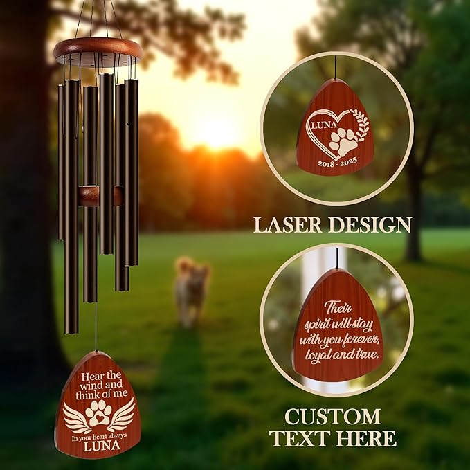 Personalized Pet Memorial Wind Chimes with Engraved Name, Custom Dog Wind Chimes Memorial Pet Loss Sympathy Gifts, Remembrance Chimes, Sympathy Gift for Dogs, Cats - Black