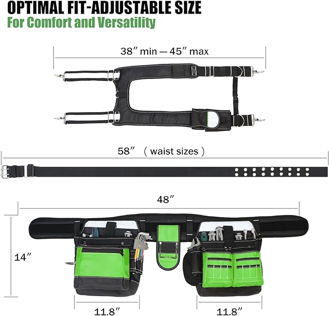 Tool Belt with Suspenders for Men, Heavy Duty Construction Tool Belt with 32 Pockets, 1680D Material, Reflective Strips for Safety, HVAC Toolbelt for Men
