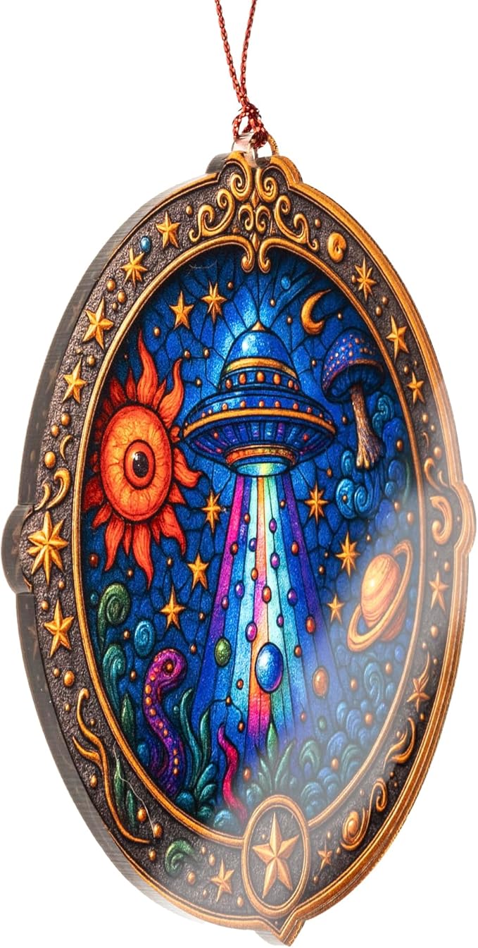 Alien Ornament – UFO Decor | Galaxy Ornament + Sci Fi Keepsake – Space Lover Gift – Alien Christmas Ornament – Suncatcher Effect Stained Glass Window Hanging – Car Hanging Decoration