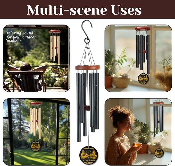 Personalized Camping in Heaven Memorial Wind Chime – Custom Engraved Name & Years – Remembrance Gift for Nature Lovers, Campers – Sympathy Windchime for Loss of Loved One, Garden Memorial Décor