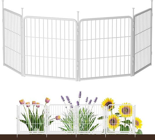SunsGrove Garden Fence 24 in(H) x 7.4 ft(L) 4 Panels, Heavy Duty Metal Animal Barrier Fence for Dogs, Easy No-Dig Setup, Decorative Dog Fences, White