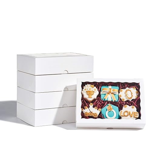 12PCS 10 x 7 x 2.5 inches Premium Fancy White Strawberry Boxes, Cookie Boxes, Elegant White Bakery Box with Display Window