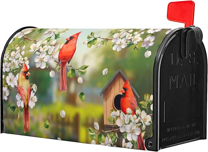 Spring Birds Floral Magnetic Mailbox Cover Colorful Summer Birdhouse White Flowers Mailbox Wrap Post Cover Large Size 25.5x21 Inch for Garden Yard Outdoor Outside Seasonal Decor