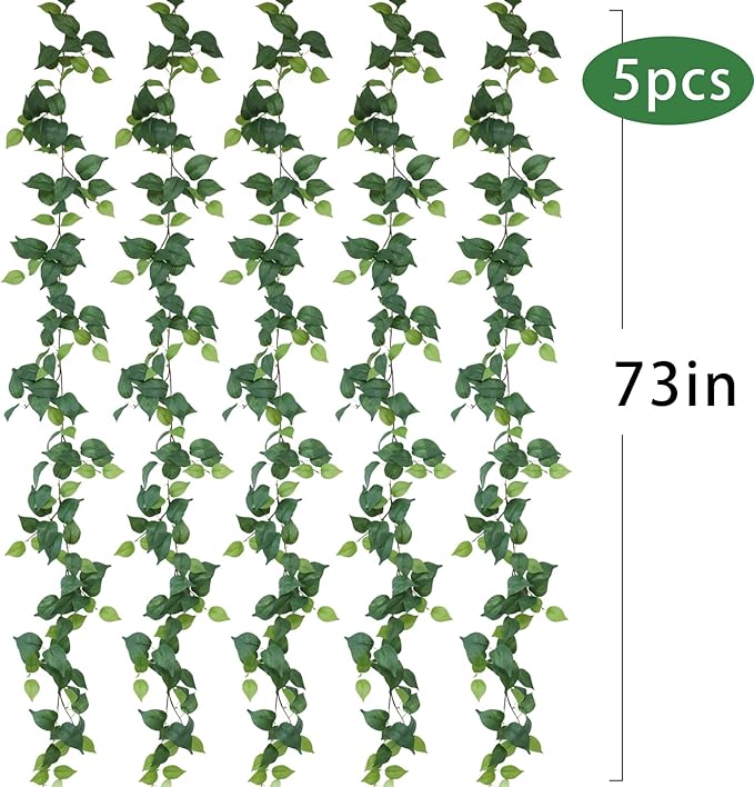 mizii 5 Pack 365" Artificial Scindaps Vines Garland Fake Vine with Silk Green Leaves Faux Hanging Plants Greenery Decoration for Bedroom Wall Party Wedding Room Home Decor