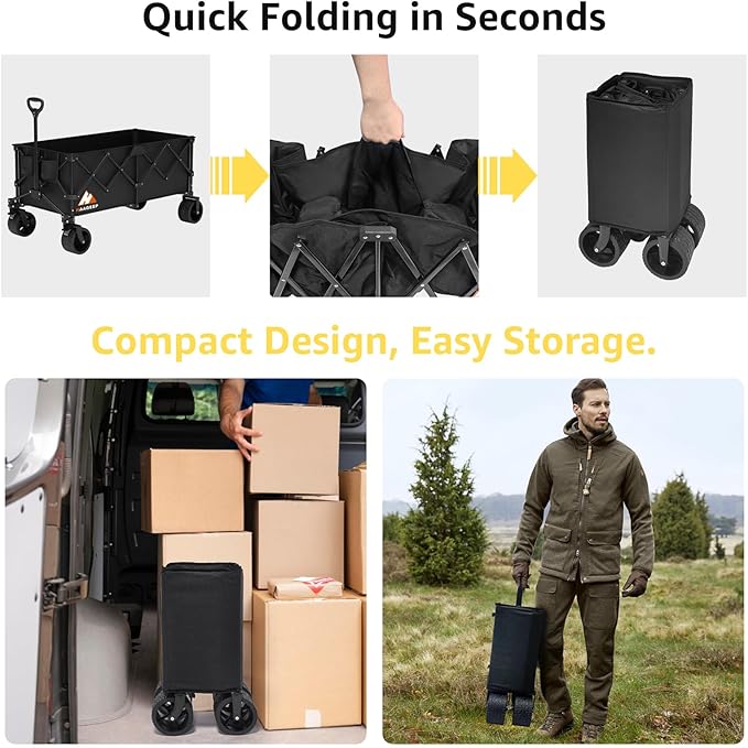 Collapsible Wagon Cart with Wheels Foldable - Folding Utility Heavy Duty Wagons Carts for Grocery Sports Garden Shopping Camping Wheelbarrows (Black,300L)