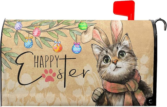 Easter Cat Magnetic Mailbox Cover 25.5x21 Inch Cute Kitten with Bunny Ear Egg Hunt Mailbox Wrap Post Cover Large Size for Garden Yard Outdoor Outside Patio Holiday Waterproof Decor
