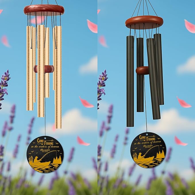 Personalized Gone Fishing Memorial Wind Chime – Gone Fishing in The Water Heaven Fisherman Design – Custom Name, Dates Outdoor Sympathy Gift for Men, Dad, or Grandpa – Memorial Garden Decor for Loss