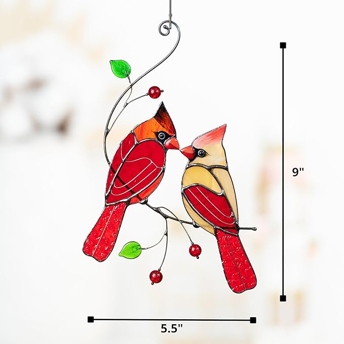 Red Northern Cardinal Birds Stained Glass Suncatcher Genuine Stained Glass Window Hangings Unique Indoor Ornament & Outdoor Decor (Style 1)