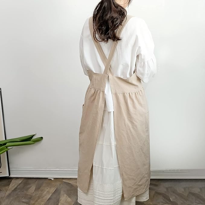 HANEE Cross Back Aprons for Women with Pockets | Japanese Style Cotton Apron | Cute Pinafore Smock for Kitchen etc (6 Colors)