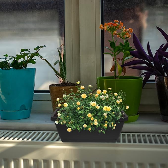 Alipis 4Pcs Window Box Planter - Plastic Vegetable Flower Planters Boxes 14 Inches Rectangular Flower Pots for Indoor Outdoor Garden, Patio, Home Decor Black