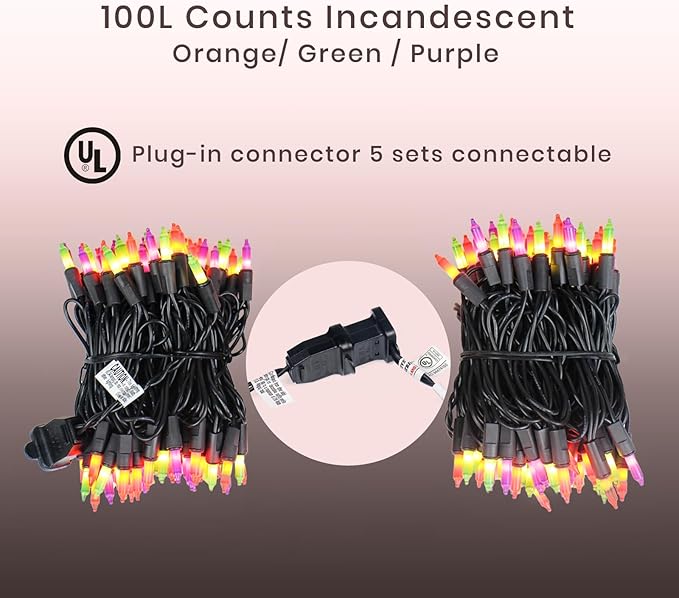 Fall Decorations String Lights– 100 Count Mini Purple Orange & Green Incandescent, 26.5ft Black Wire, UL Listed, Connectable up to 125ft, Christmas Lights for Indoor & Outdoor Home Decor