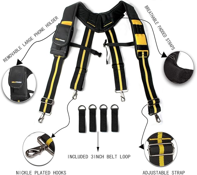 MELOTOUGH Tool Belt Suspenders with Padded Foam Adjustable Shoulder Straps, Large Phone Holder, Key Chain, Suspenders Loop Adjustable for Carpenter Suspenders Rig