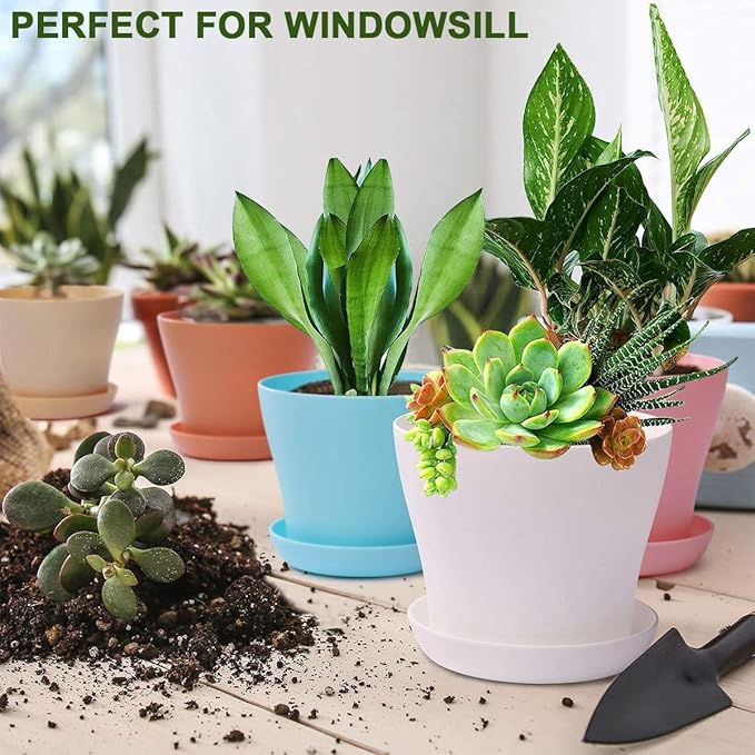 16Pack 5.5" Colorful Plastic Planters - 14CM Small Plastic Flower Pots with Drainage Holes and Tray for Home Garden Flowers Plants